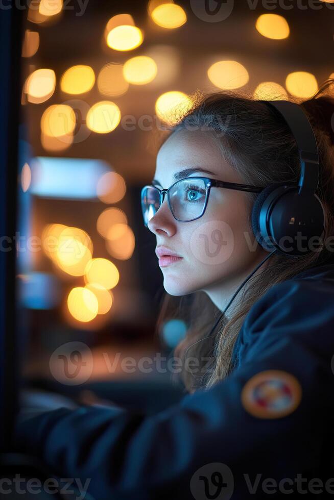 In a dimly lit dispatch center, a female emergency call operator intently monitors her computer screen as an urgent fire call comes in, illuminated by soft glowing lights photo