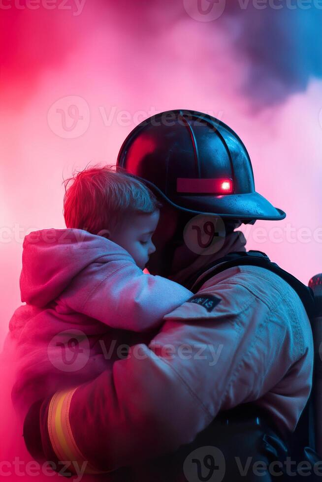 In a dramatic moment, a firefighter carries a rescued child from a burning house, surrounded by soft-focus emergency lights and smoke, showcasing bravery and emotion photo