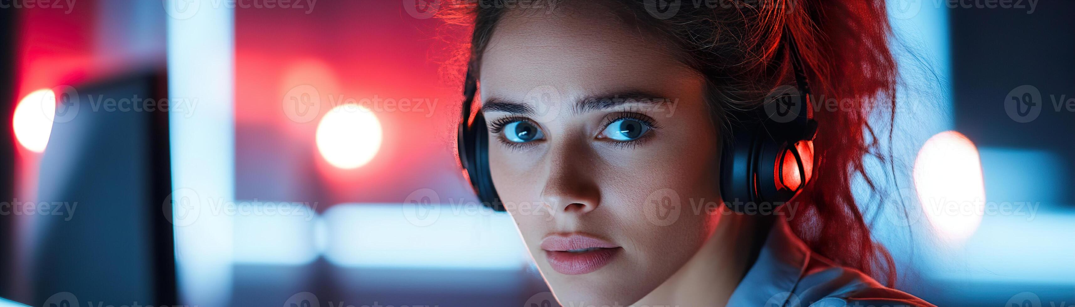 A female emergency call operator focuses intently on her computer screen as an urgent fire call comes in. The dispatch center is dimly lit, showcasing glowing emergency light reflections photo