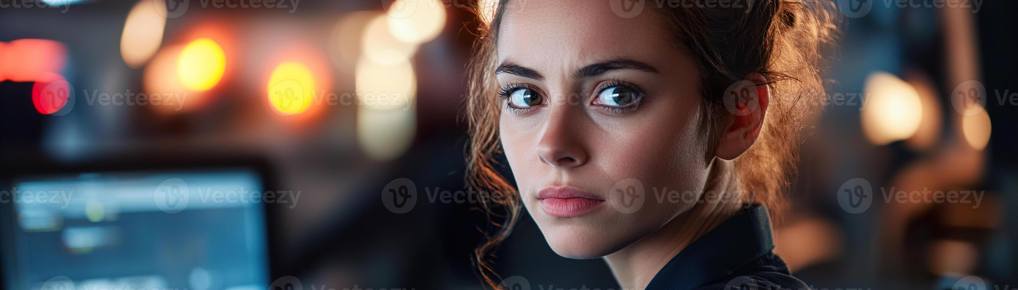 In a dimly lit dispatch center, a female emergency call operator intently monitors a computer screen as an urgent fire call arrives, illuminated by reflections from emergency lights photo