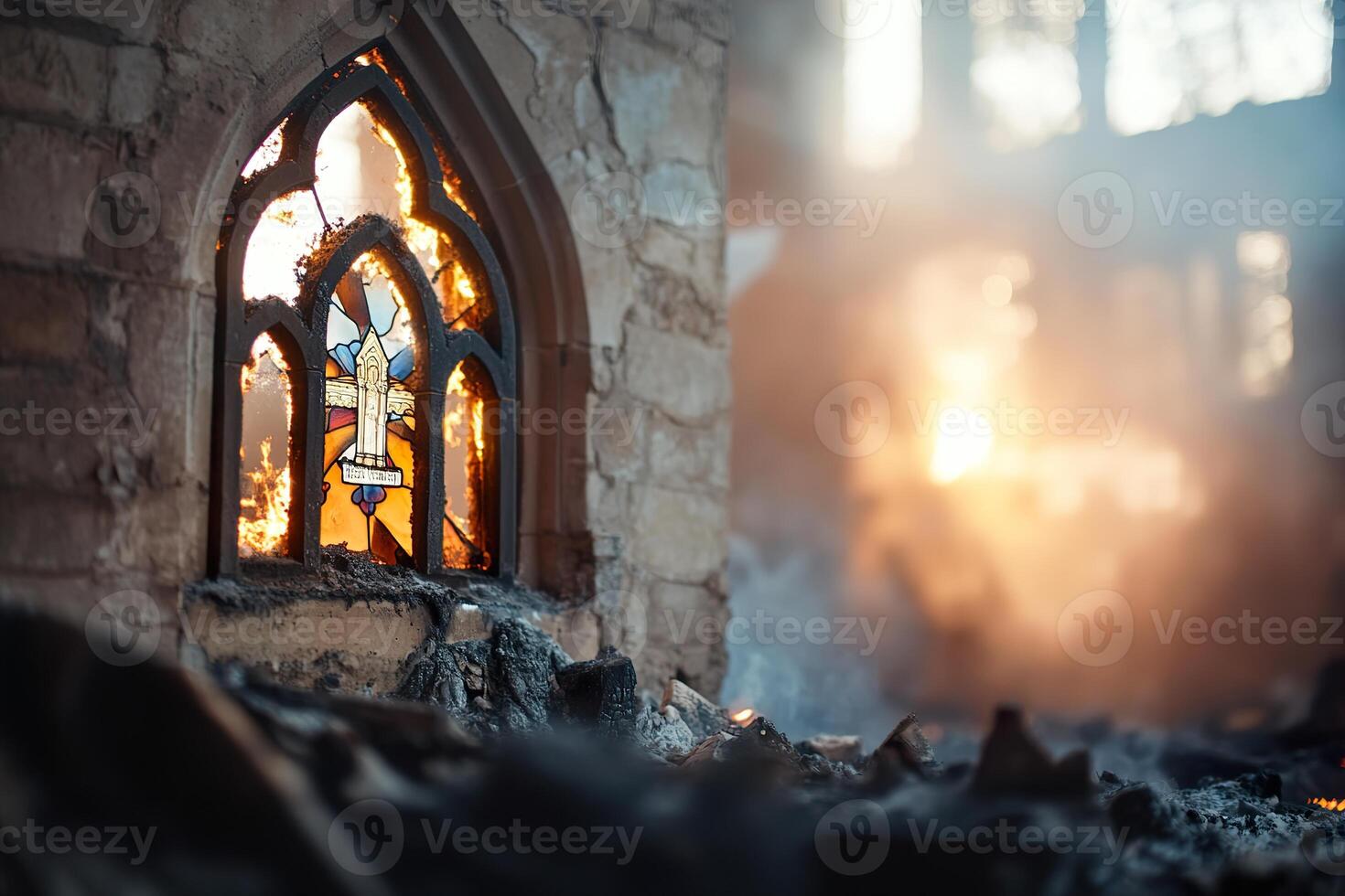 In a historic church ravaged by fire, charred walls and a collapsed roof surround a single, intact stained glass window. Soft smoke lingers, evoking emotions of loss and perseverance photo