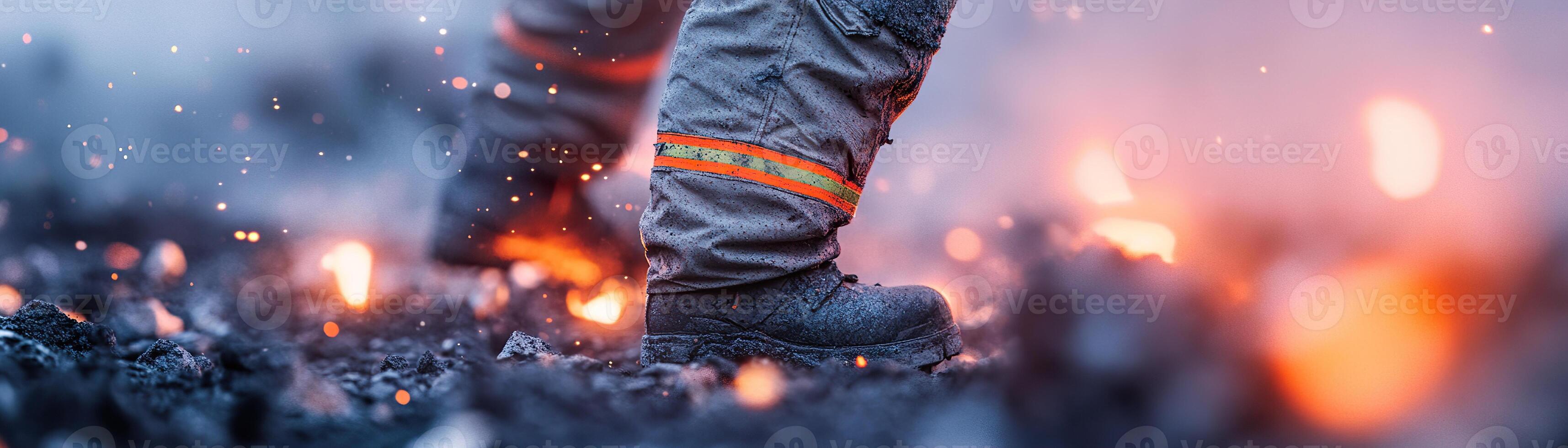 A firefighter stands in the rubble of a village enveloped in volcanic ash, uniform speckled grey, as soft embers drift in the air, capturing the struggle against nature's fury photo