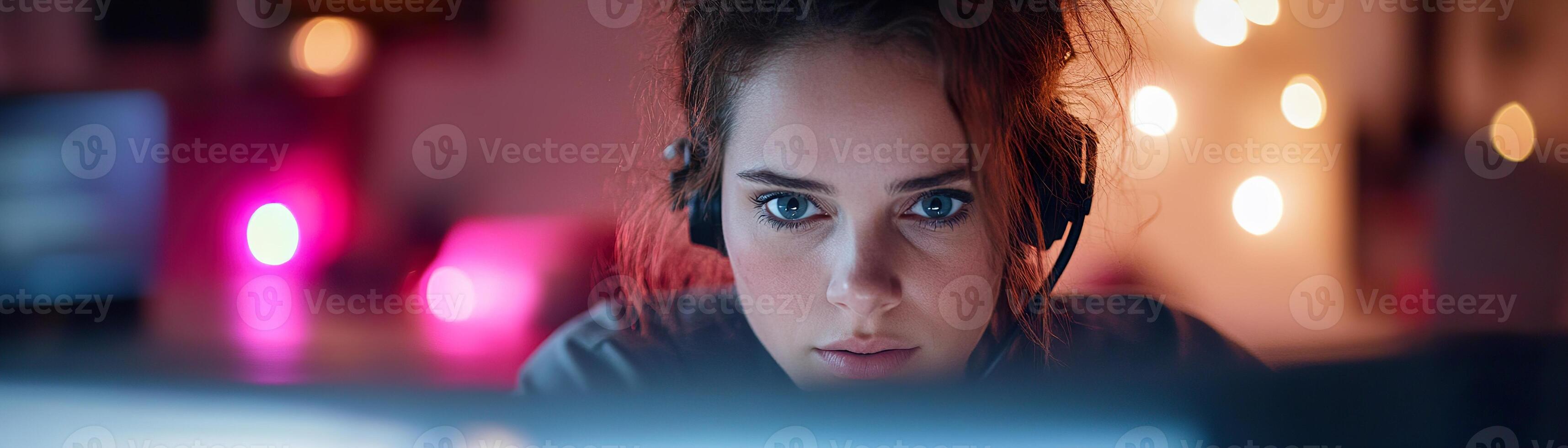 A female emergency call operator intently focuses on her computer screen as an urgent fire call arrives. The dispatch center is dimly lit, with soft light reflections enhancing the atmosphere photo