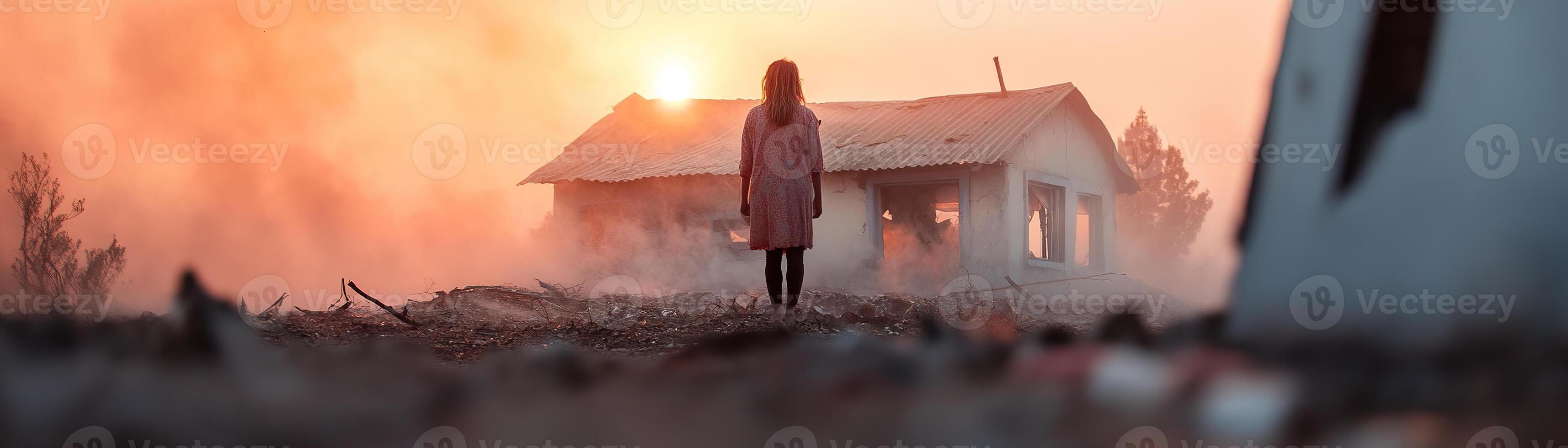 Standing before her ash-covered home, a woman gazes into the smoky horizon as the golden sunset breaks through, capturing the essence of loss and resilience after devastation photo