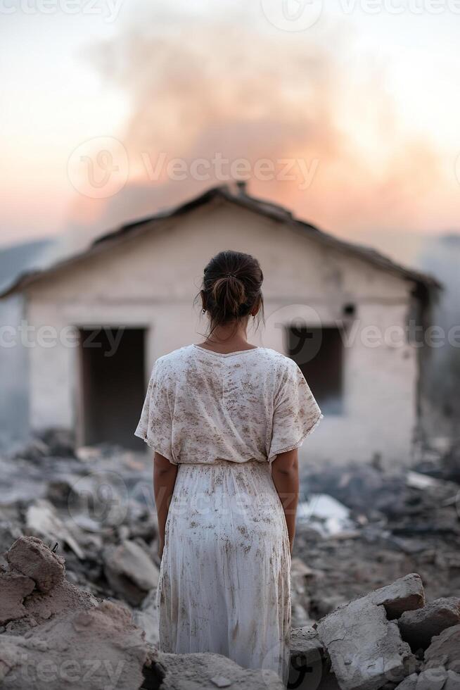 A woman gazes at her house, cloaked in volcanic ash during sunset. The soft golden light breaks through smoke, highlighting her deep sense of loss and unwavering resilience photo