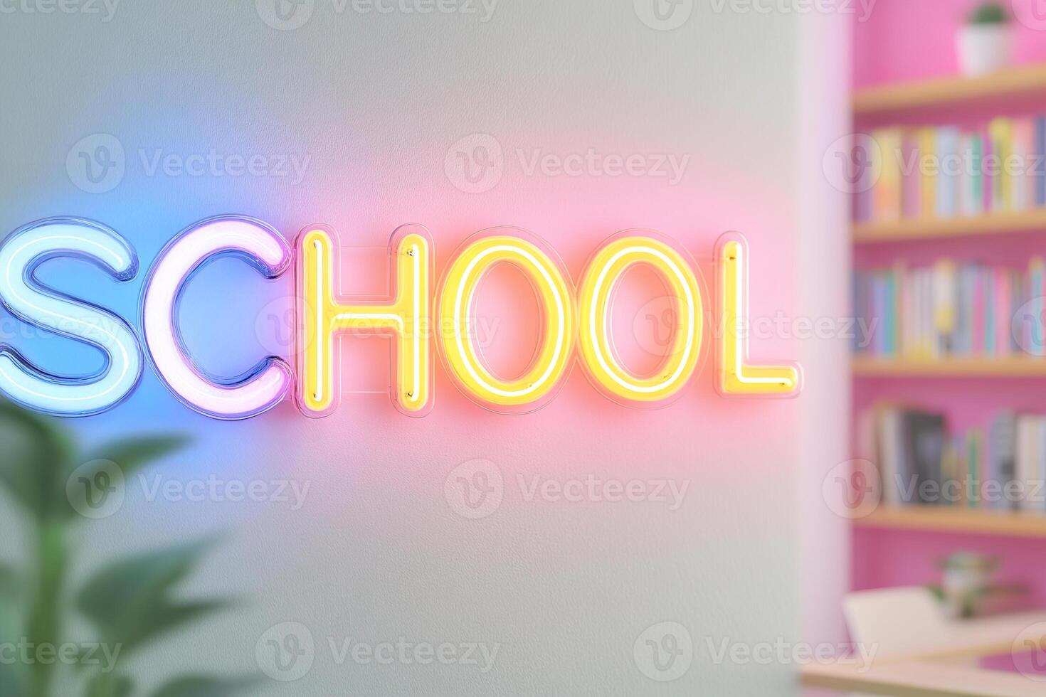 Soft blue and yellow neon sign spelling SCHOOL brightens a contemporary classroom, creating an inviting atmosphere among blurred bookshelves and study desks, enhancing the learning experience photo