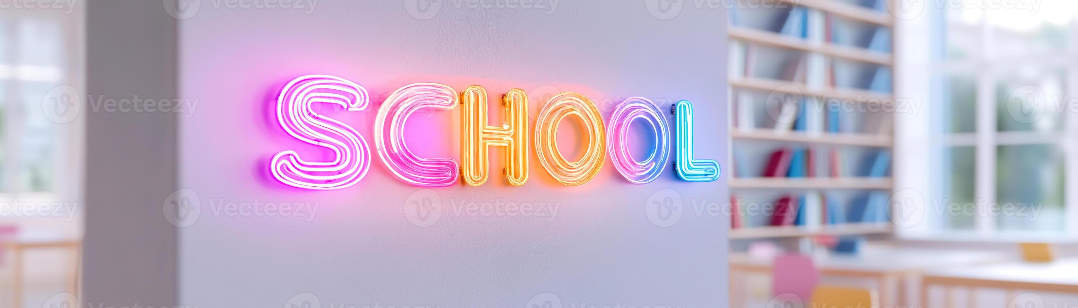 A vibrant neon sign spelling out school in soft blue and yellow tones creates an inviting atmosphere in a modern classroom, with blurred bookshelves and desks in the background photo