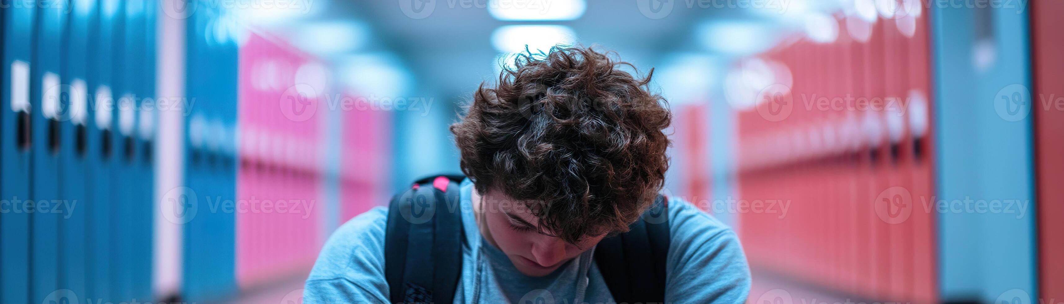 A teenager with a thoughtful expression sits alone in a high school hallway. Melancholic lighting creates an emotional atmosphere as the student reflects quietly among colorful lockers photo