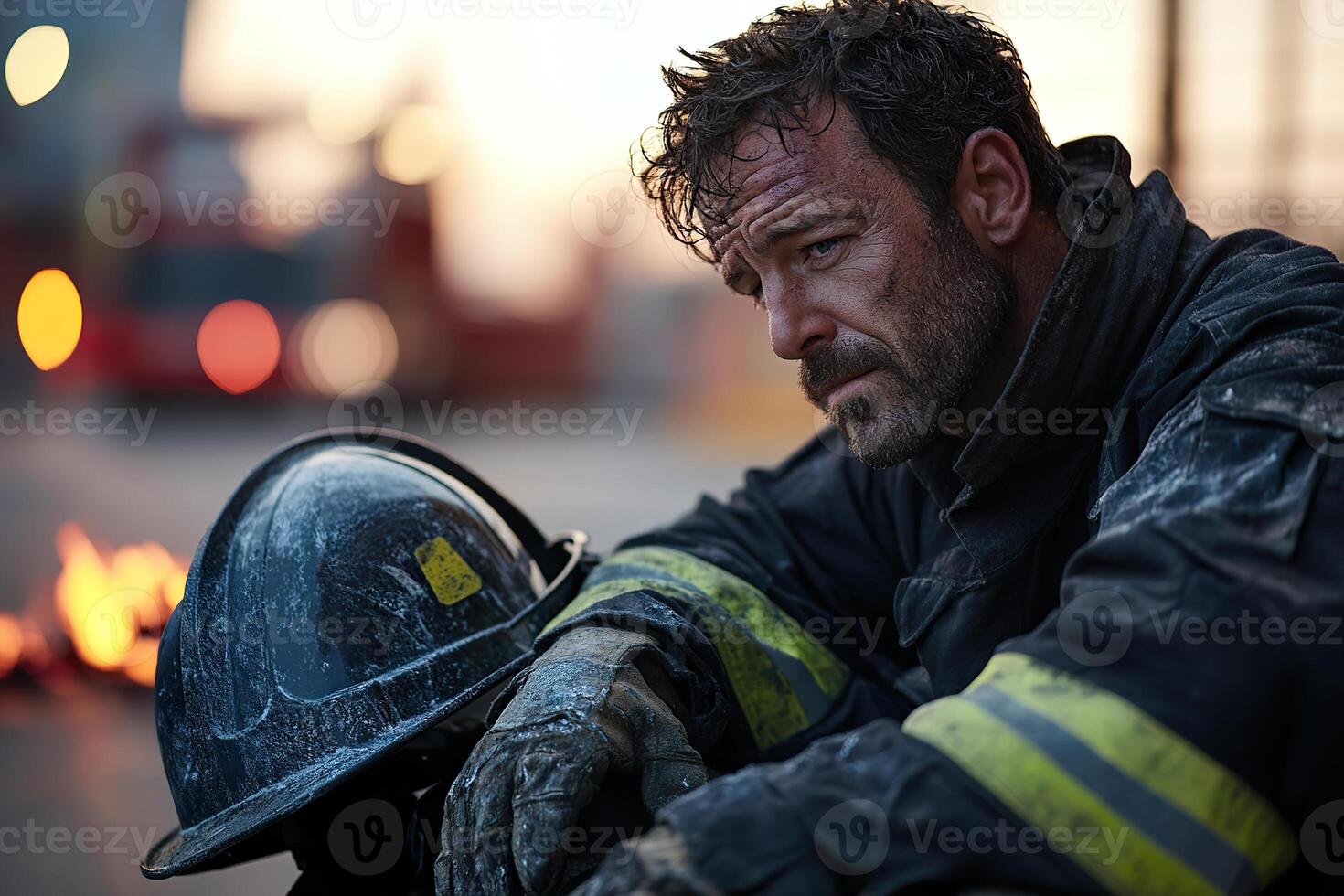 A firefighter sits on a curb at dawn, wearing a helmet on the ground beside him. His face, covered in soot, reveals the exhaustion after a challenging night extinguishing flames photo