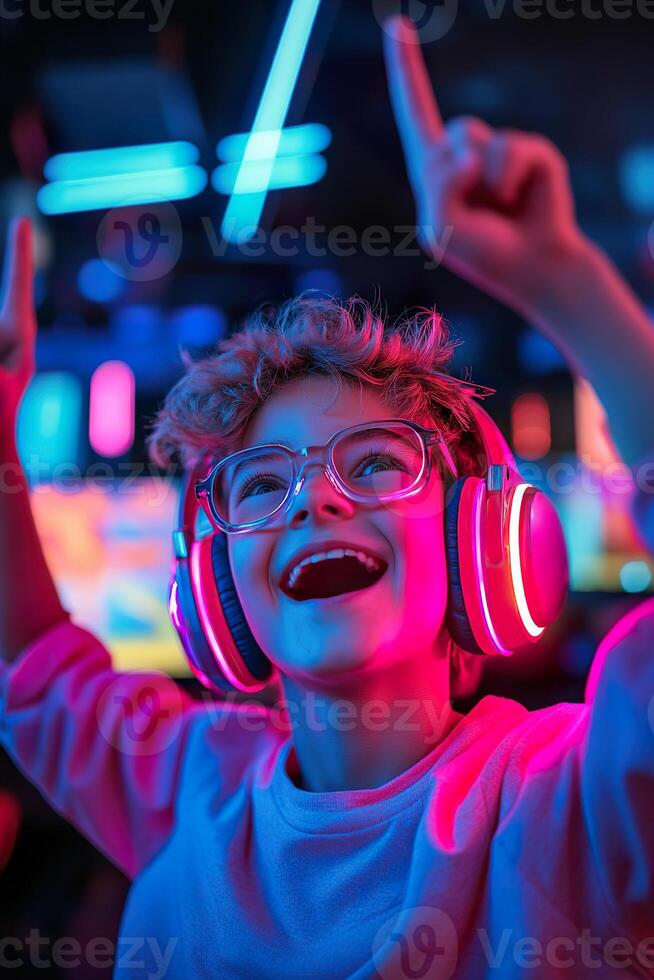 In a colorful gaming room, a young gamer wearing RGB headphones celebrates with excitement, pointing upwards with joy. The futuristic background adds to the thrilling atmosphere photo