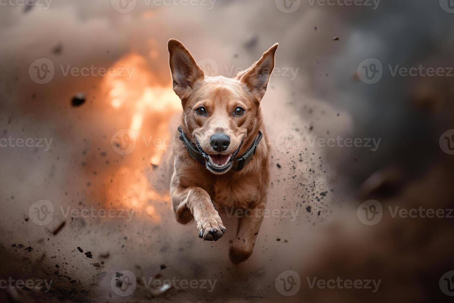 A brave rescue dog charges through swirling smoke, its focus sharp and determined amidst glowing embers, embodying courage and heroism in a perilous situation photo