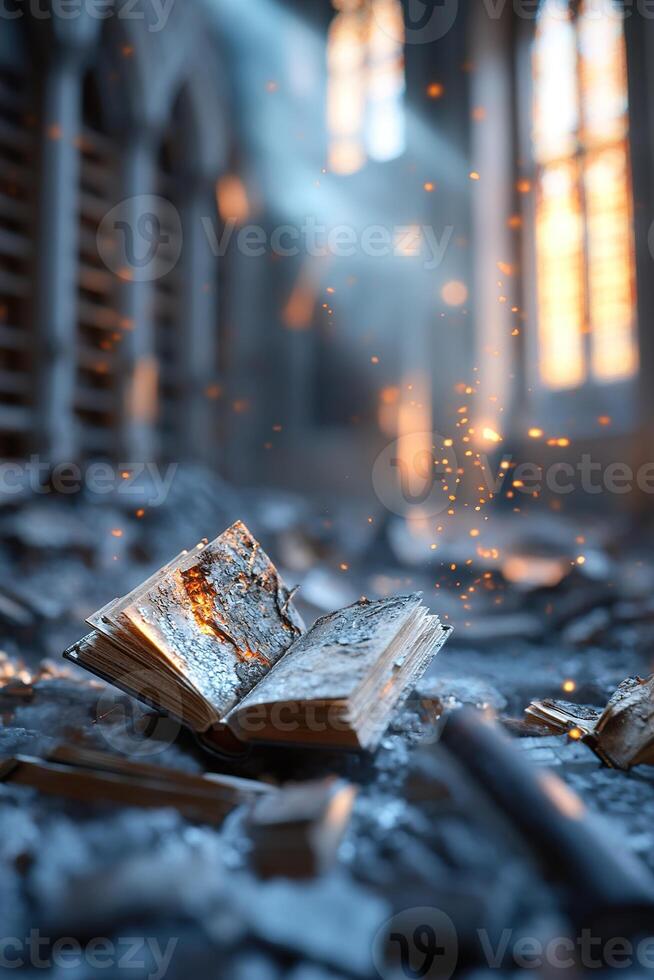 Amidst the remains of a historic library, shelves lie in shambles, scattered with charred books as soft smoke rises. Golden light breaks through shattered windows, enhancing the somber scene photo