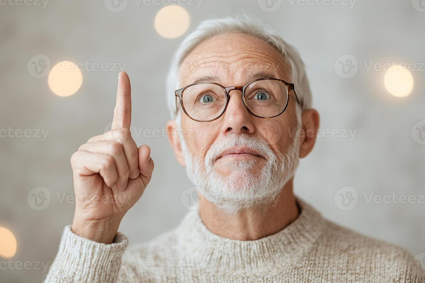 A joyful senior man with stylish glasses points upward with enthusiasm in a bright, softly lit home interior. The golden light creates a warm atmosphere, inviting positivity and engagement photo