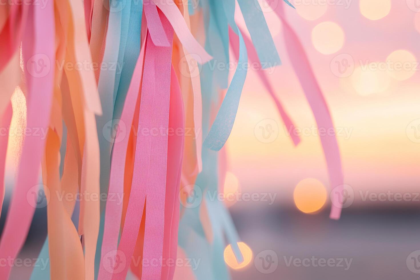 Bright streamers create a festive ambiance against a softly blurred sunset sky. The warm pink and orange tones enhance the joyful spirit of a carnival setting, perfect for celebration photo