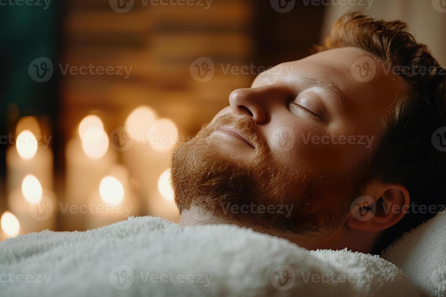A man lies comfortably with his eyes closed, soaking in a facial massage at a luxury spa. The warm candlelight creates a calming atmosphere for indulgent self-care photo