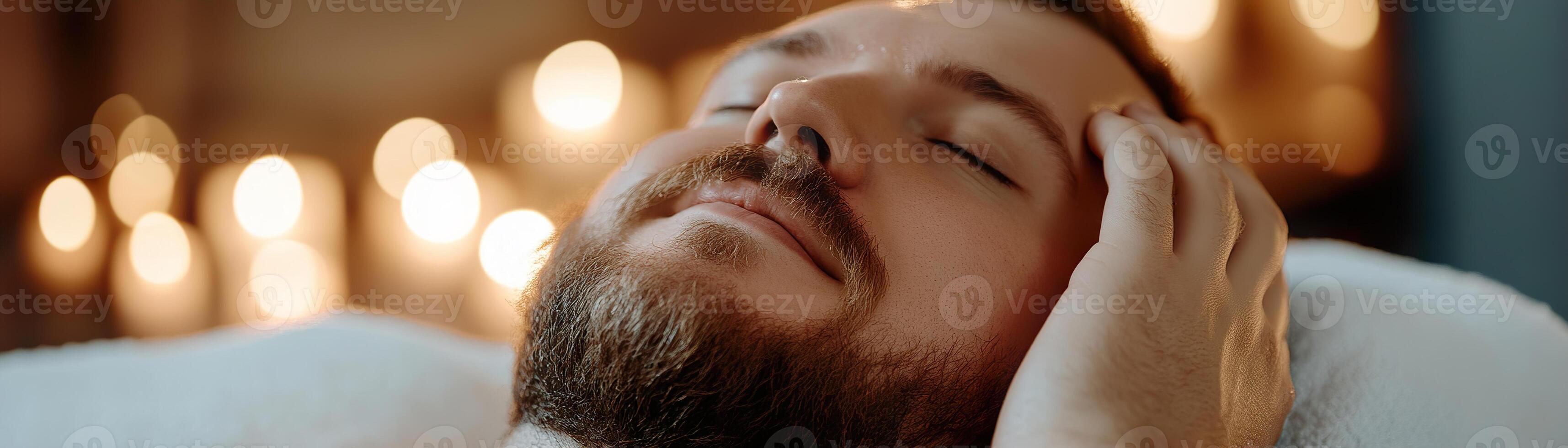 In a tranquil spa setting, an overweight man savors a soothing facial massage, surrounded by candlelight that enhances the serene ambiance and promotes relaxation photo