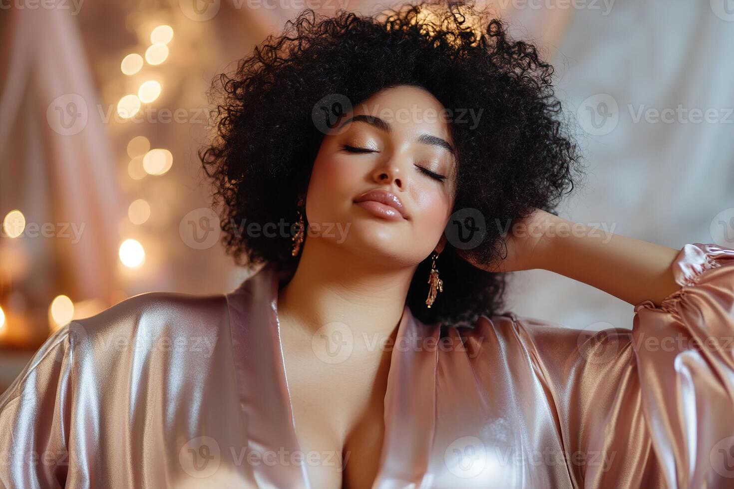 A plus-size woman enjoys a tranquil moment in a silk robe at a luxury spa retreat. Soft candlelight creates a warm ambiance, perfect for self-care and relaxation photo