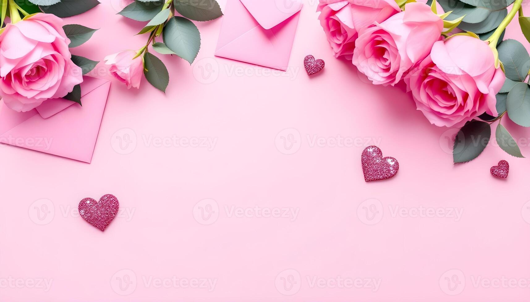 Pink roses and hearts on pink background with copy space for text valentines day concept top photo