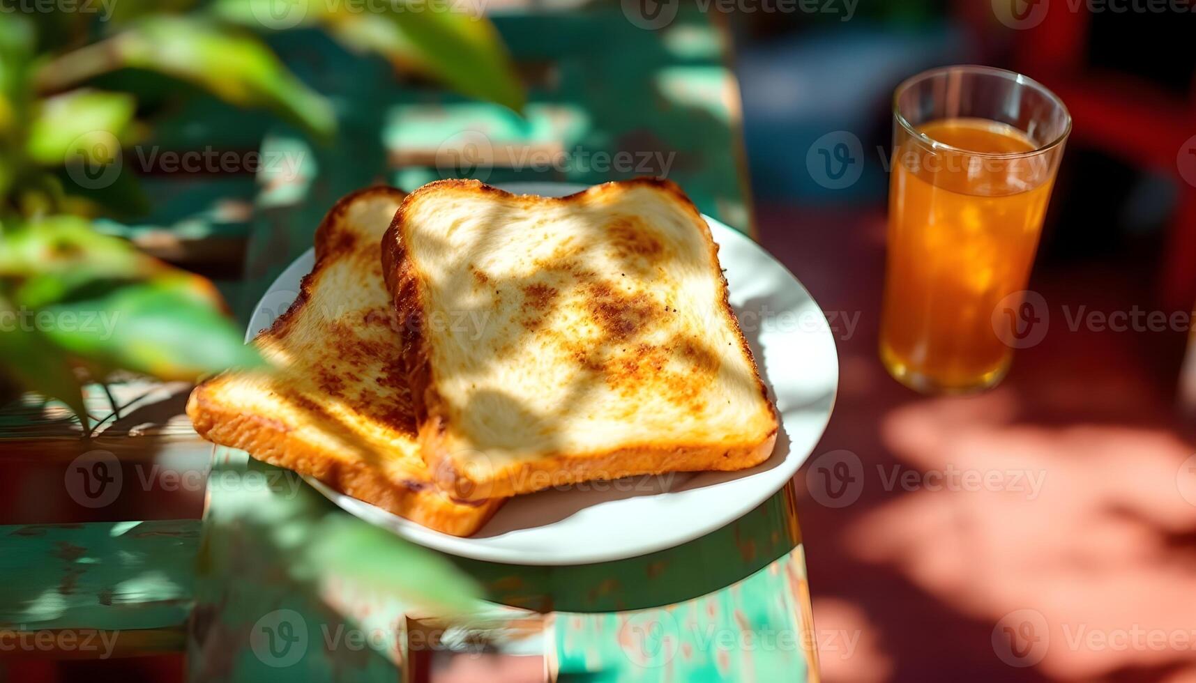 Toast and orange juice on a wooden table photo