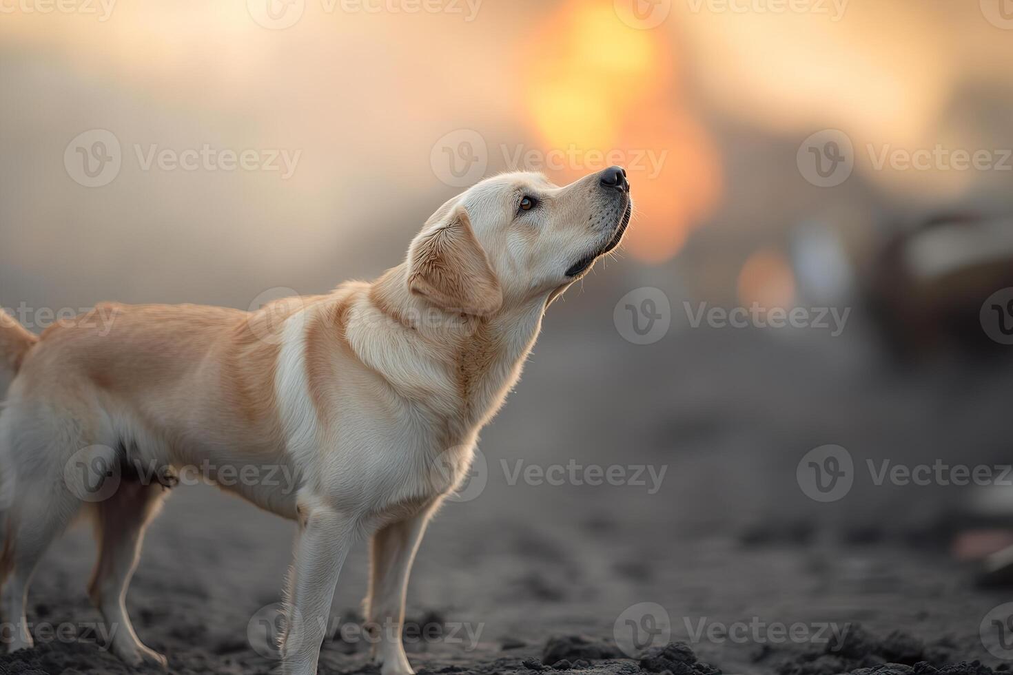 A search-and-rescue dog walks through a volcanic disaster zone, sniffing for survivors amid grey ash. Warm tones emphasize the dog's heroic presence against the tragic backdrop photo