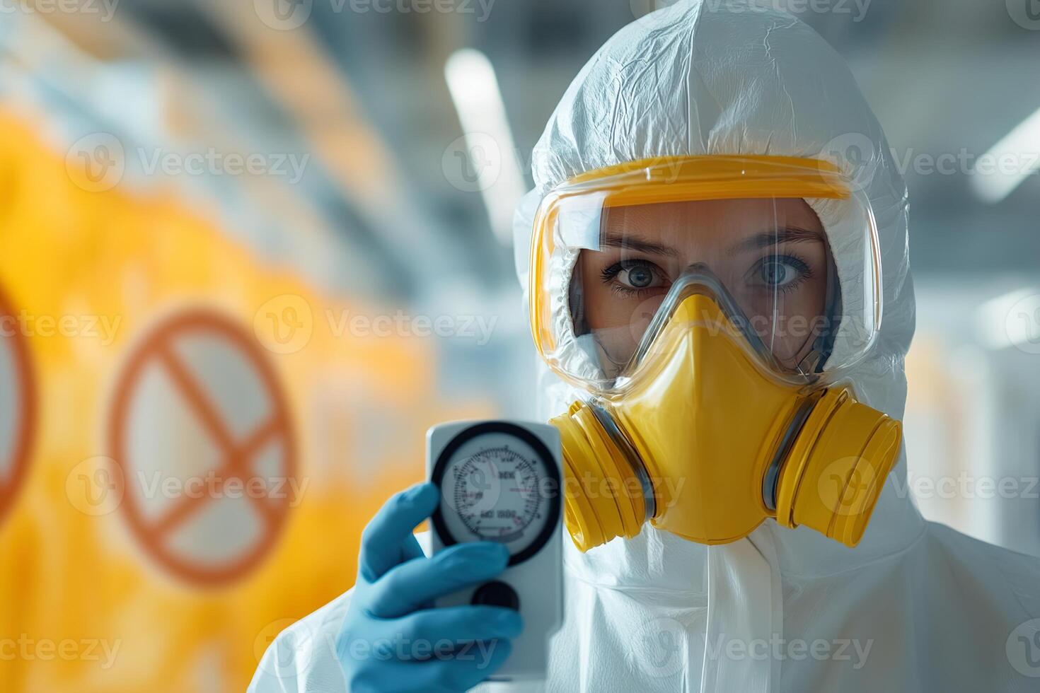 A scientist clad in a hazmat suit carefully holds a Geiger counter, assessing radiation levels. The background features blurred radioactive hazard signs, creating a tense yet focused atmosphere photo