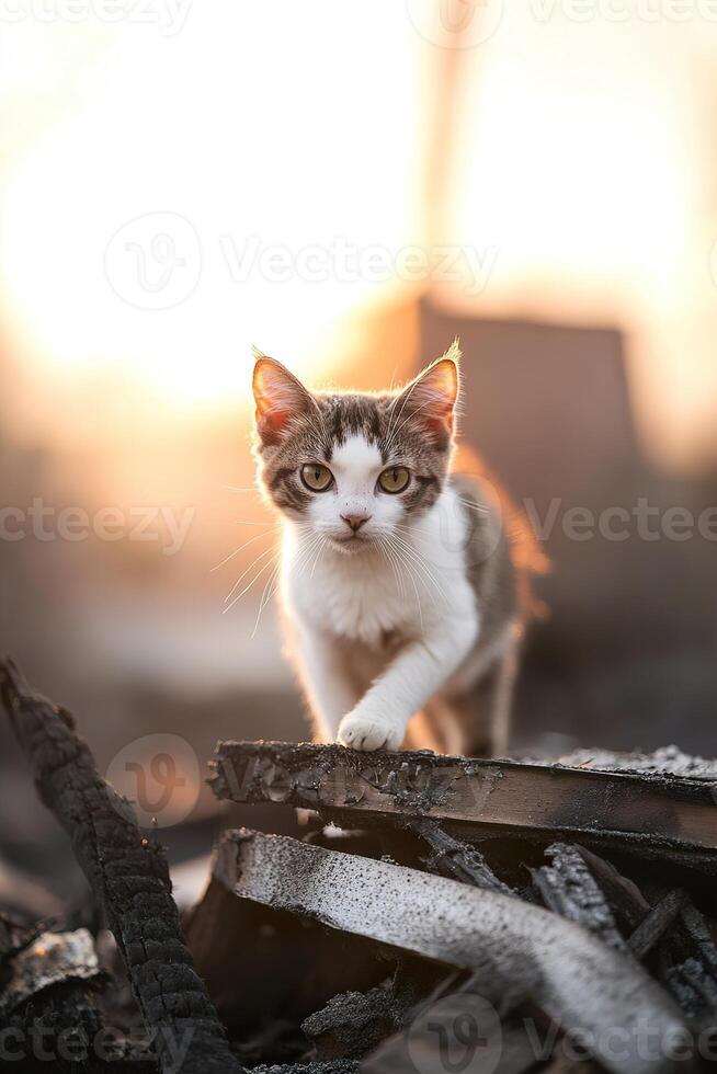 A singed survivor cat emerges from the ruins of a burned home, its bright eyes reflecting hope. Golden sunlight breaks through the smoky air, highlighting the cat's journey of survival photo