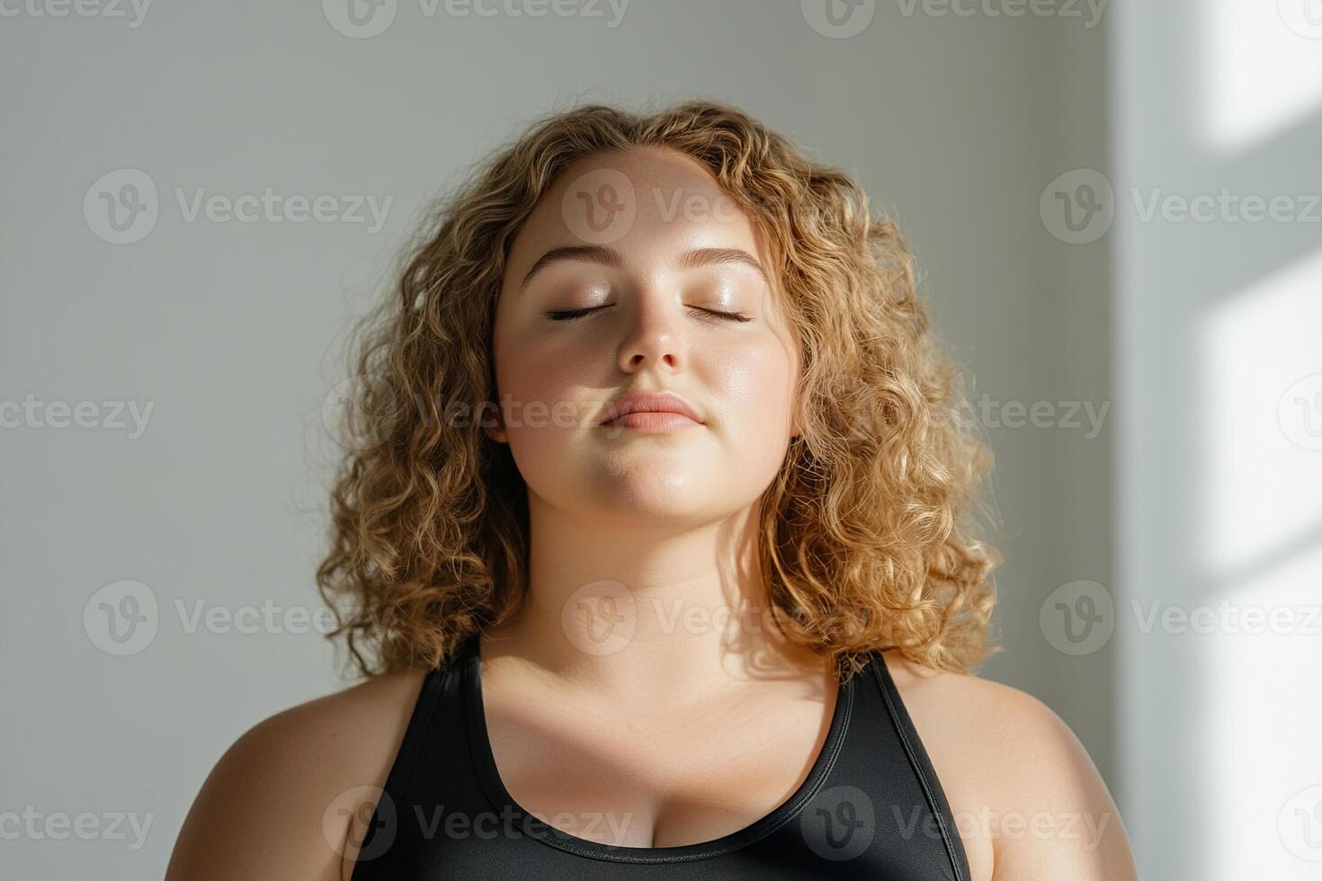 A strong plus-size woman practices yoga in a bright studio, surrounded by soft sunlight. Her relaxed expression showcases confidence and a luxury fitness aesthetic photo