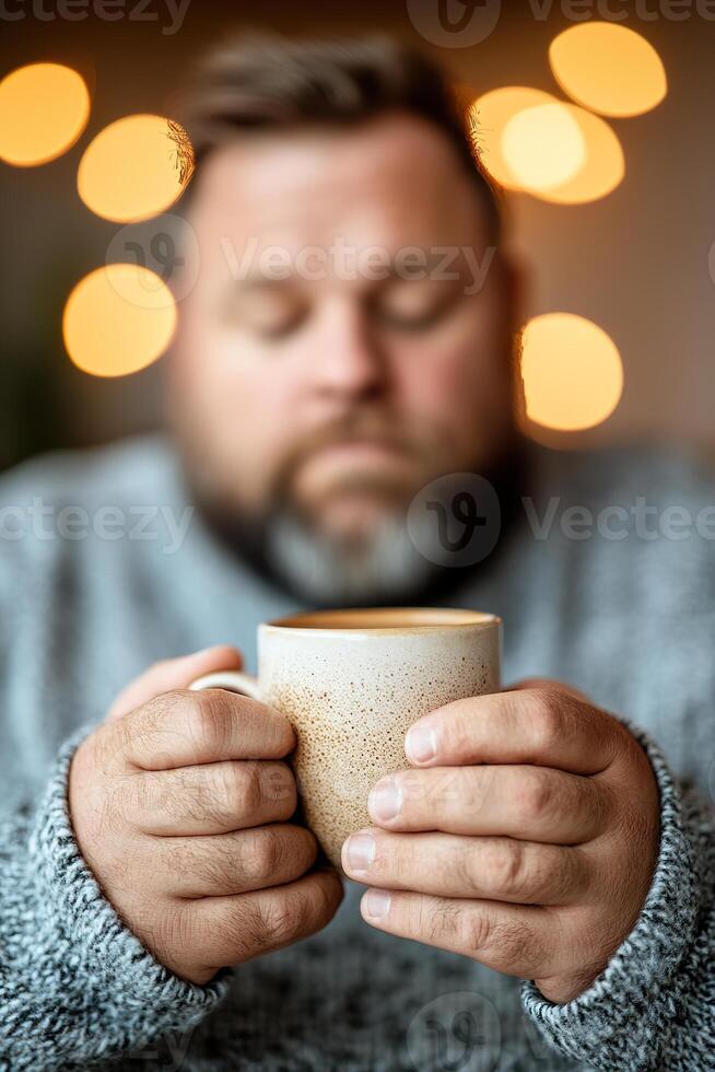 A man sits comfortably in a cafe, holding a warm cup of coffee. He appears contemplative, surrounded by a soft-focus background and warm lighting, creating a sense of peace photo