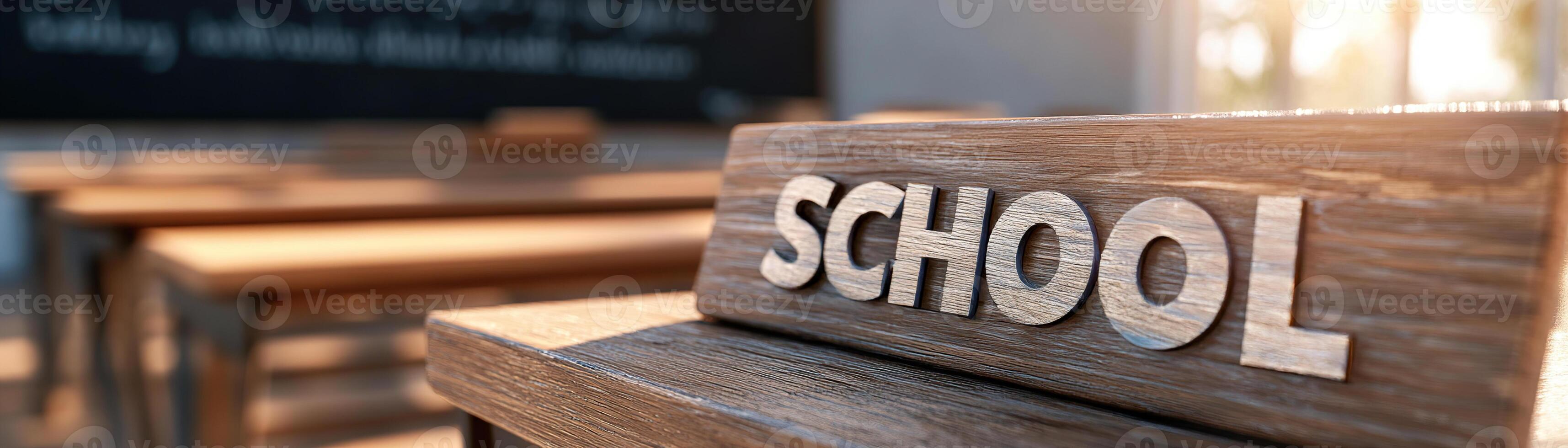 Polished wood school desk features the word SCHOOL engraved on its surface, illuminated by soft golden lighting, with a blurred chalkboard enhancing the vintage academic atmosphere photo