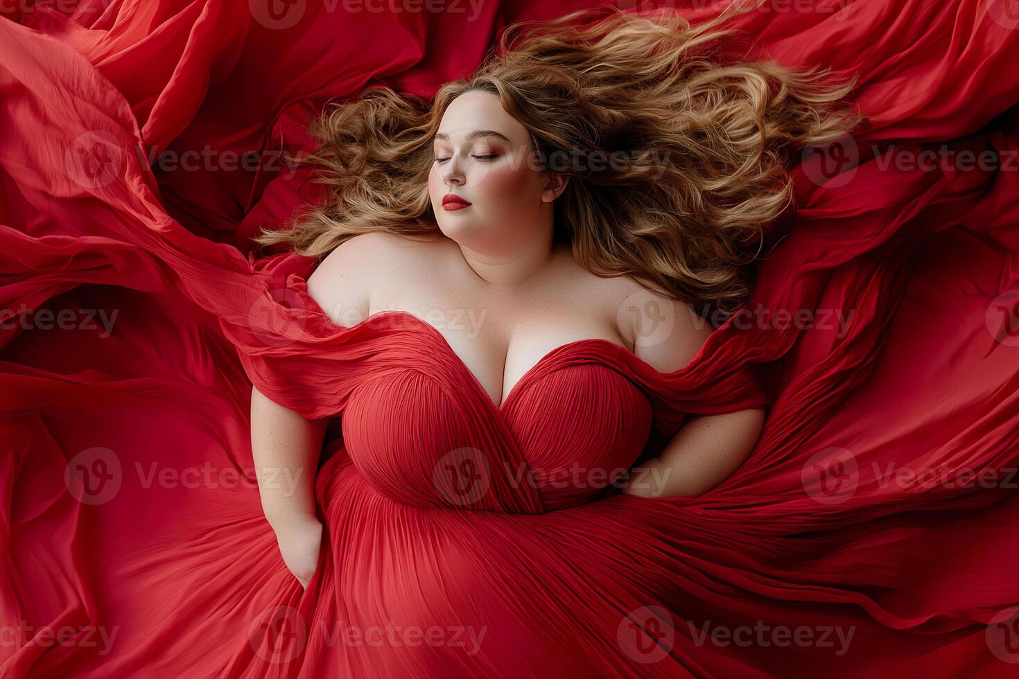 A captivating portrait features an overweight woman gracefully floating in a flowing red dress. The soft-focus depth and warm lighting create a dramatic and elegant atmosphere photo