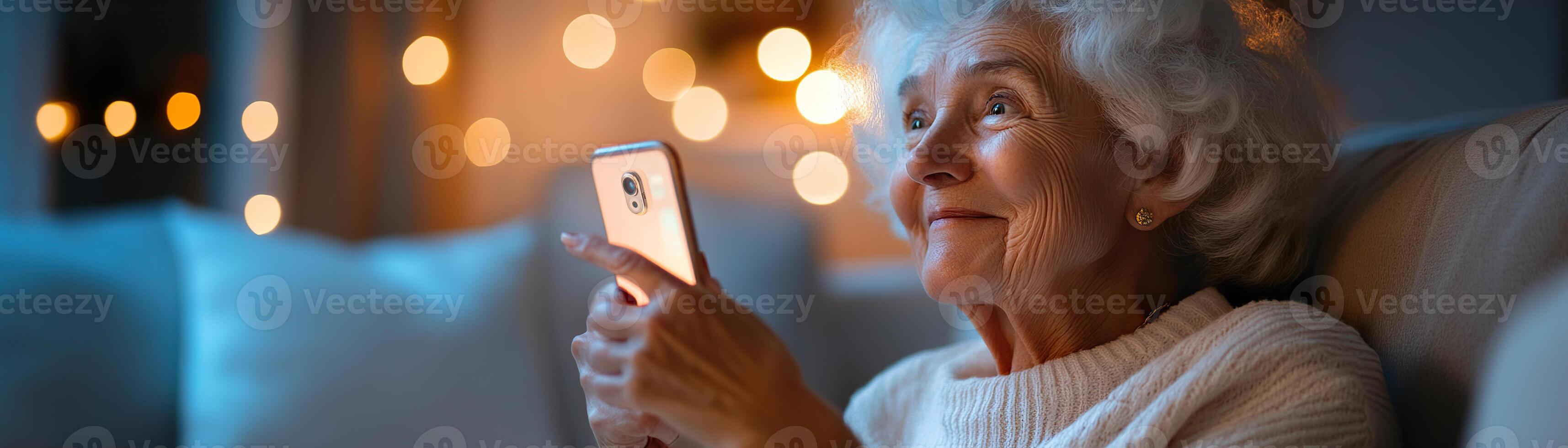 An elderly woman expresses joy while using a smartphone in a softly lit living room, happily pointing at a digital app interface, surrounded by a warm atmosphere photo