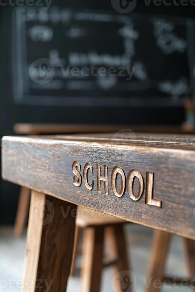 The polished wood desk features the word SCHOOL engraved on its surface, illuminated by warm golden lights. A blurred chalkboard creates a nostalgic academic atmosphere photo