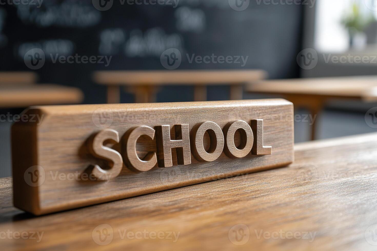A polished wooden school desk featuring the word school engraved into its surface. Soft golden light illuminates the nostalgic setting, creating a comforting and academic atmosphere photo