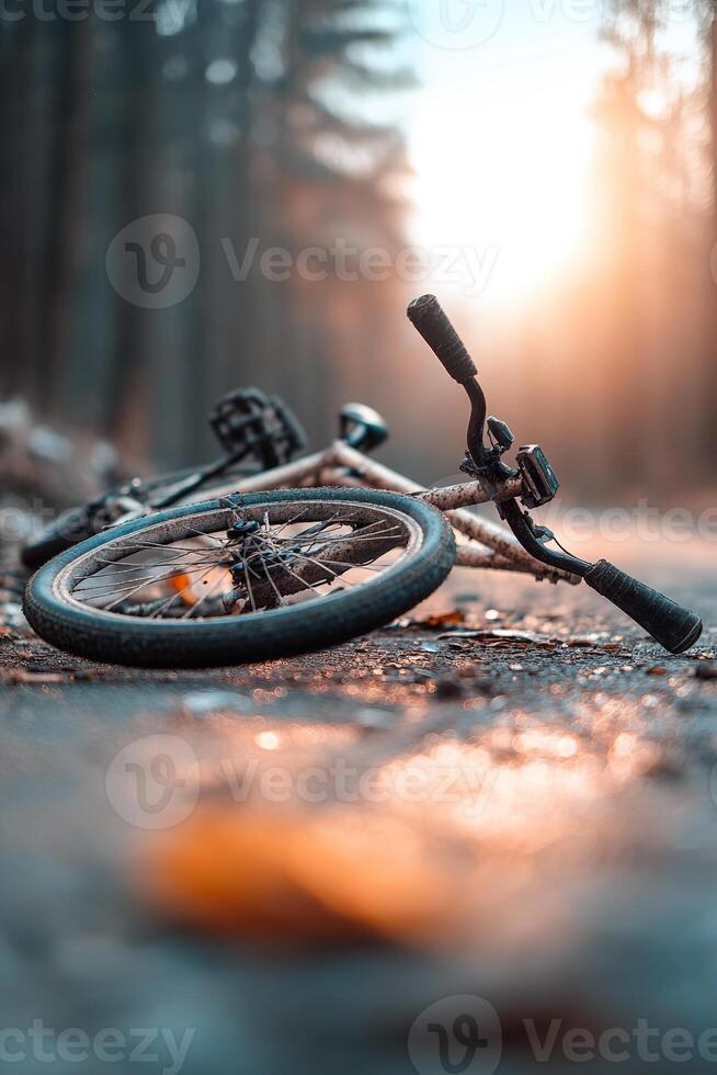 A twisted, damaged bicycle lies on the edge of a road. Sunrise light streams through trees in the distance, casting a gentle glow around the somber, abandoned scene photo