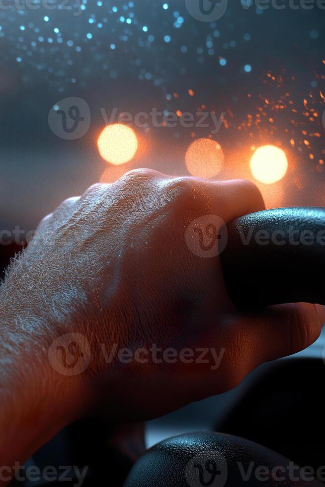 Hands clasp a steering wheel firmly, conveying urgency. In the blurred backdrop, headlights loom closer, hinting at an imminent collision and capturing a moment of high tension on the road photo