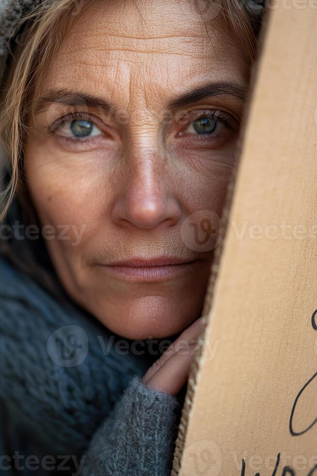 A middle-aged homeless woman gazes into the lens with kind yet weary eyes. She holds a cardboard sign, surrounded by softened urban elements in warm light photo
