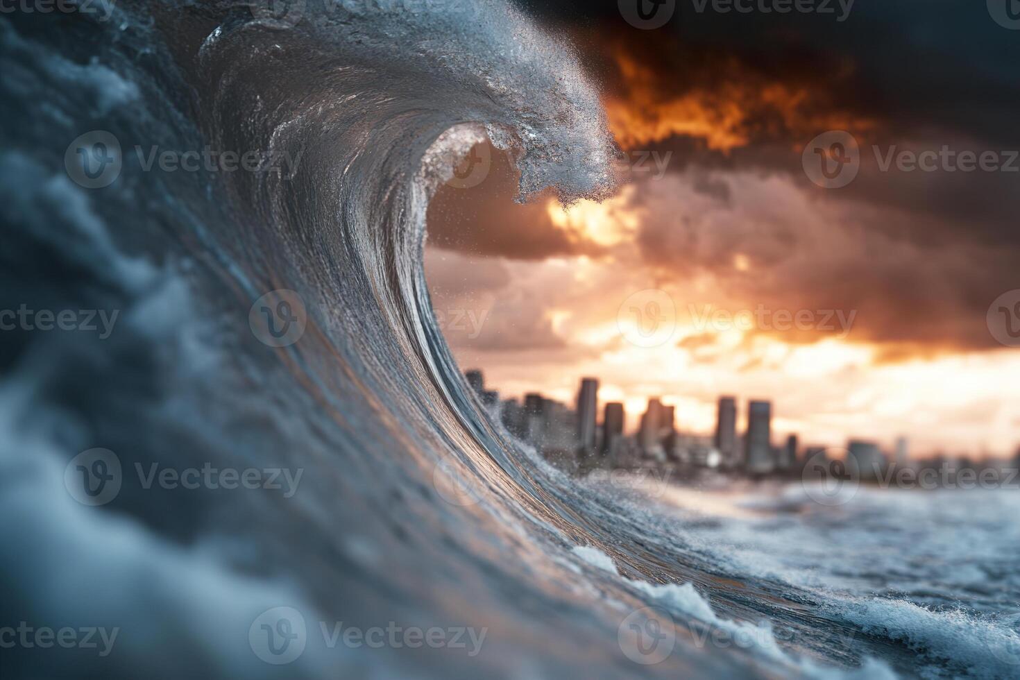 A massive tsunami wave surges towards a contemporary coastal city, with dark storm clouds overhead and golden sunlight filtering through, creating a dramatic disaster scene photo