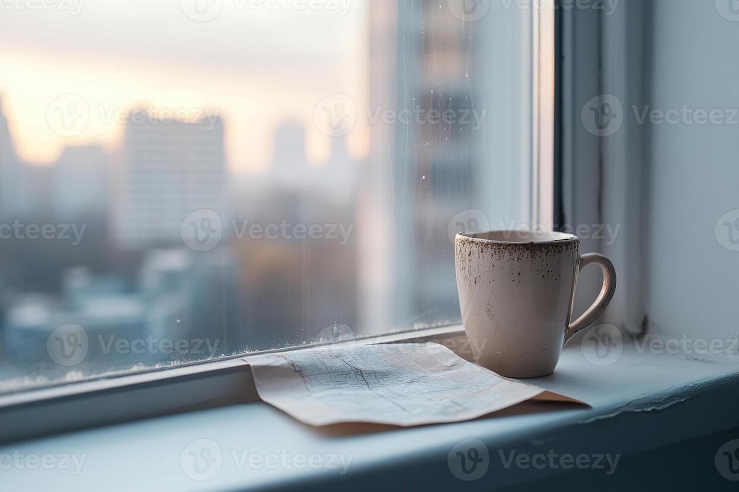 Through a cracked hostel window, a hazy city skyline emerges. A dusty windowsill hosts an empty coffee mug beside a folded map, capturing a moment of nostalgia and longing photo