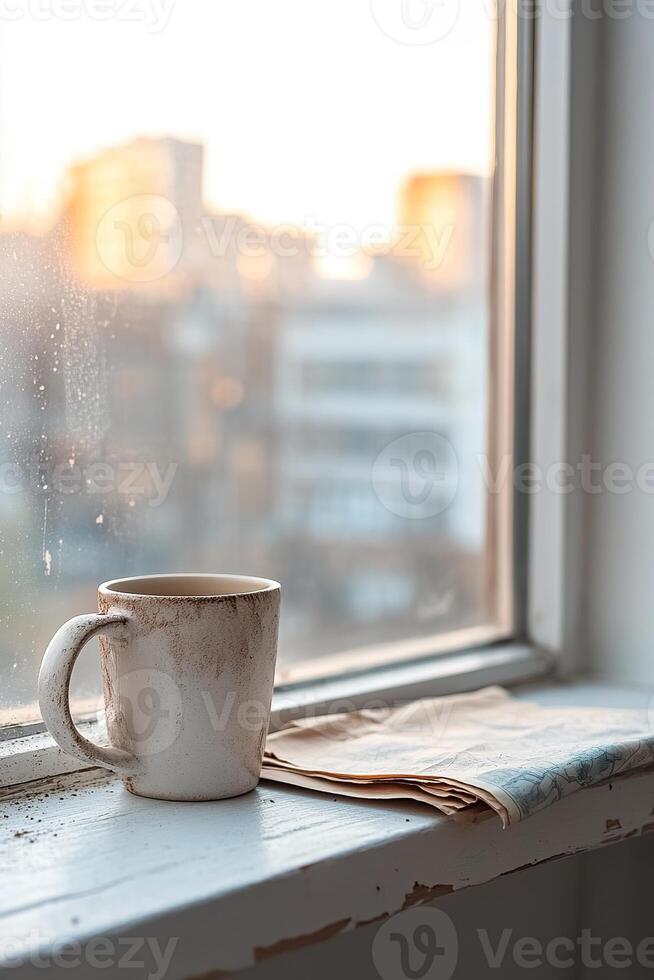 A cracked hostel window offers a hazy view of a city skyline at sunset. Dust coats the sill, while an empty coffee mug and a folded map hint at past adventures and quiet moments spent contemplating photo