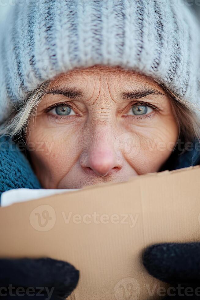 Close-up of a middle-aged homeless woman with tired but kind eyes. She holds a handwritten sign, her face reflecting hardship and resilience in soft, warm light against a blurred city backdrop photo