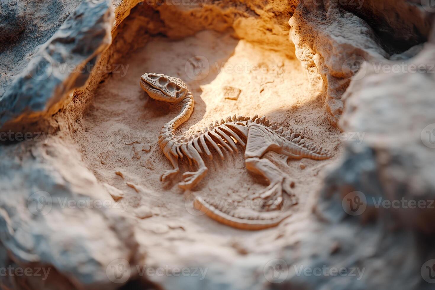 A detailed fossilized dinosaur skeleton is embedded in a rock formation. Golden light highlights the intricate bone and stone textures, creating a cinematic paleontology display photo