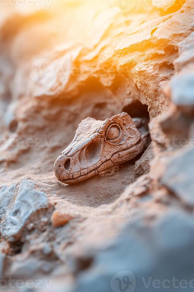 A fossilized dinosaur skull is nestled in a rock formation, highlighted by soft golden light showcasing the detailed textures of the prehistoric find, revealing its ancient past photo