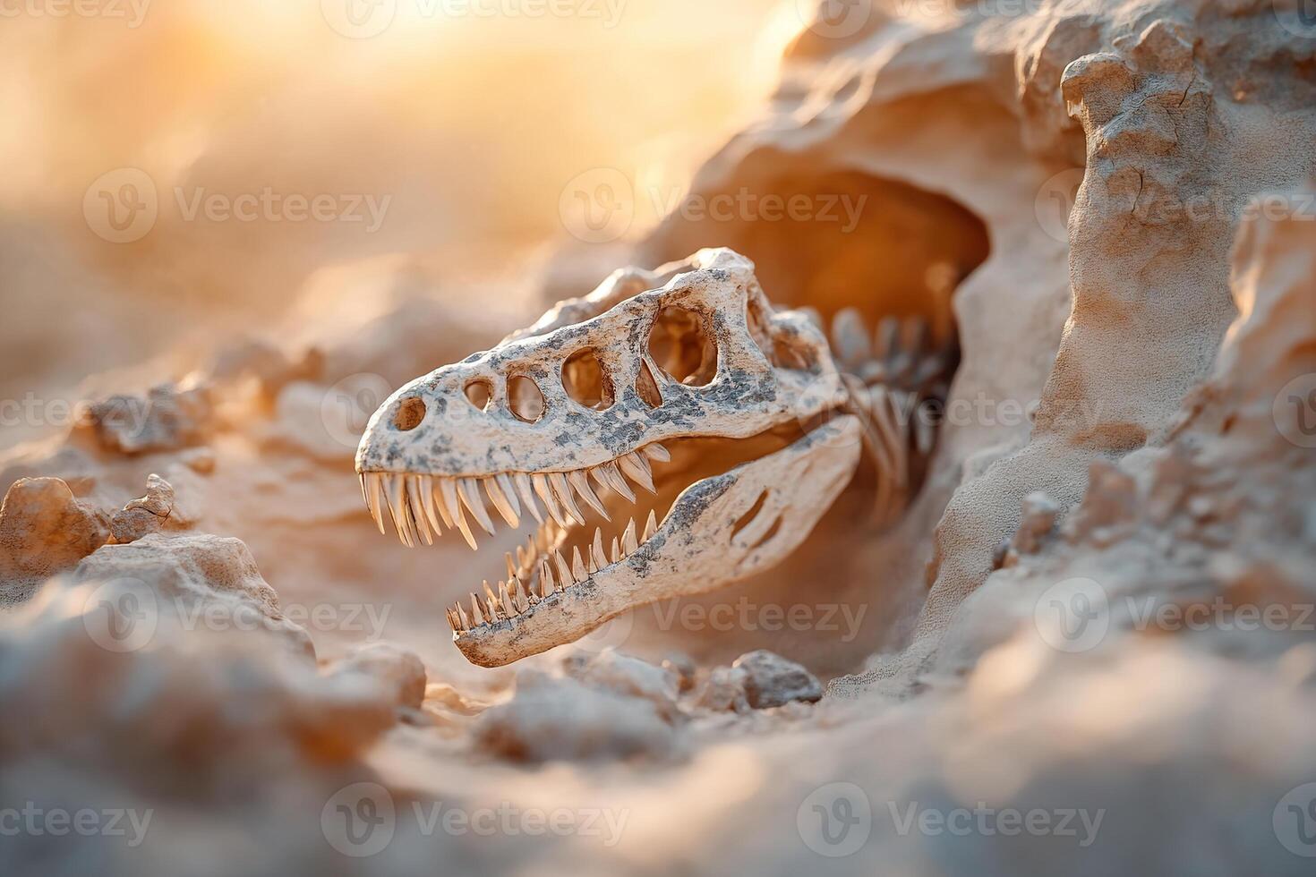 Intricate dinosaur skull fossil is embedded within an ancient rock formation. Soft, golden light illuminates the skull's textures, evoking a historical and cinematic paleontology aesthetic photo