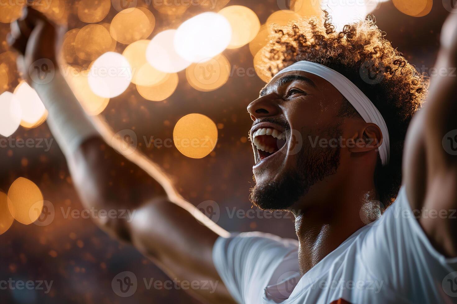 A jubilant athlete in sportswear celebrates a victory with arms raised high, shouting with joy against a soft-focus stadium backdrop bathed in golden light. He radiates peak performance photo