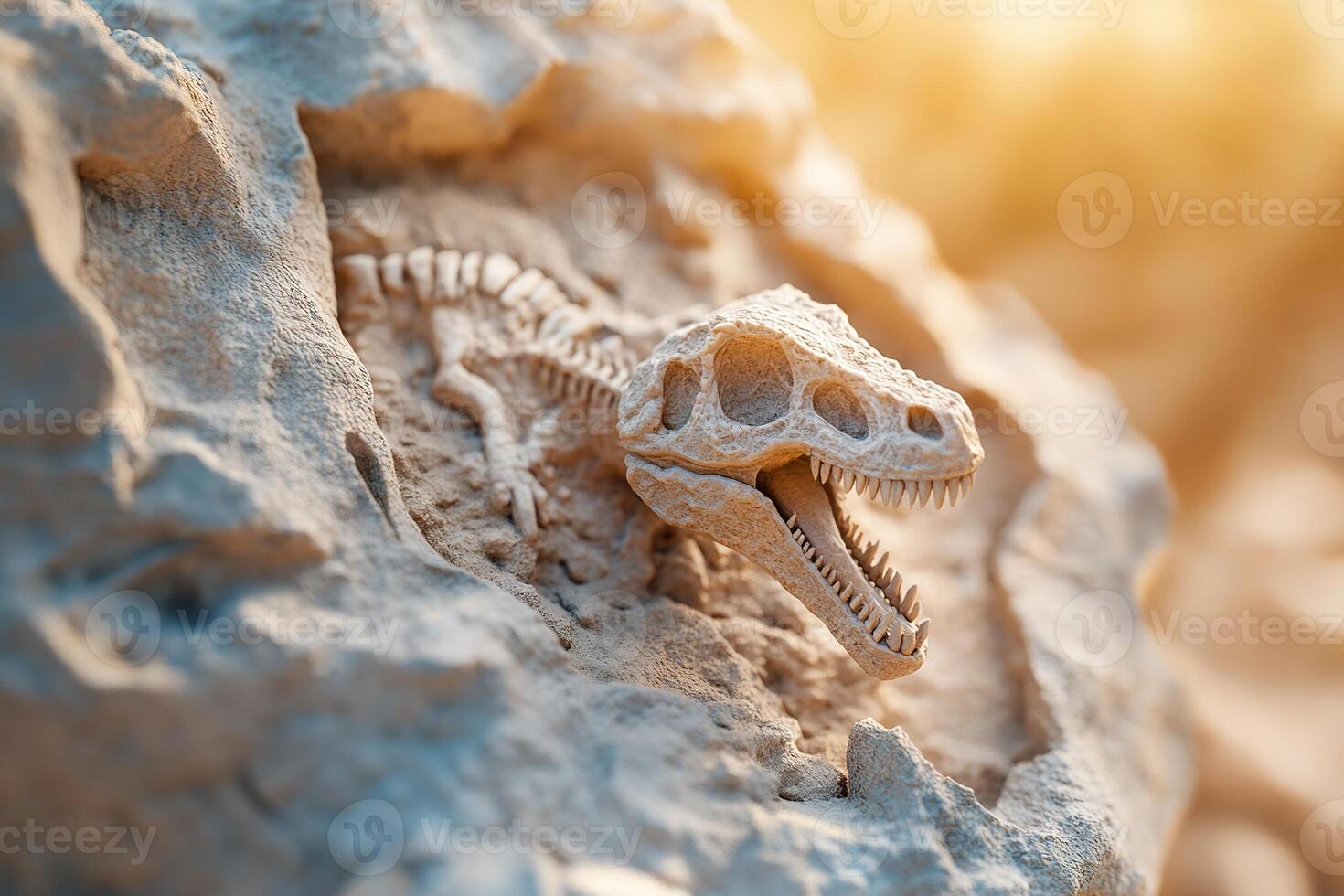 A detailed dinosaur fossil rests embedded within an ancient rock formation. Soft golden light illuminates its intricate texture, creating a historical and cinematic paleontology aesthetic photo
