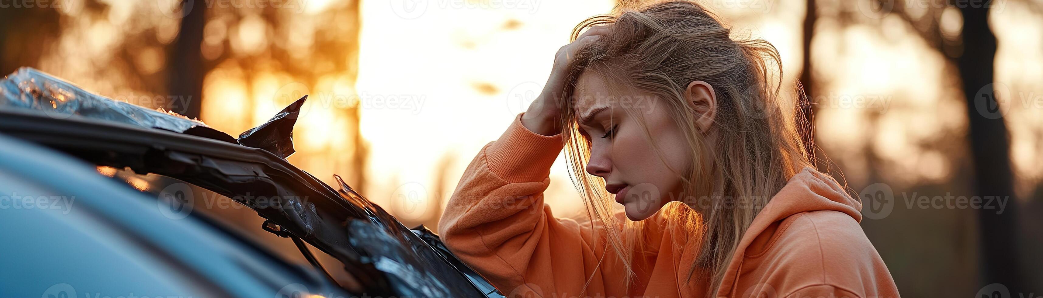 Woman holds head in shock next to wrecked car, golden-hour light filters through trees, telling a realistic post-accident story and conveying emotional distress photo