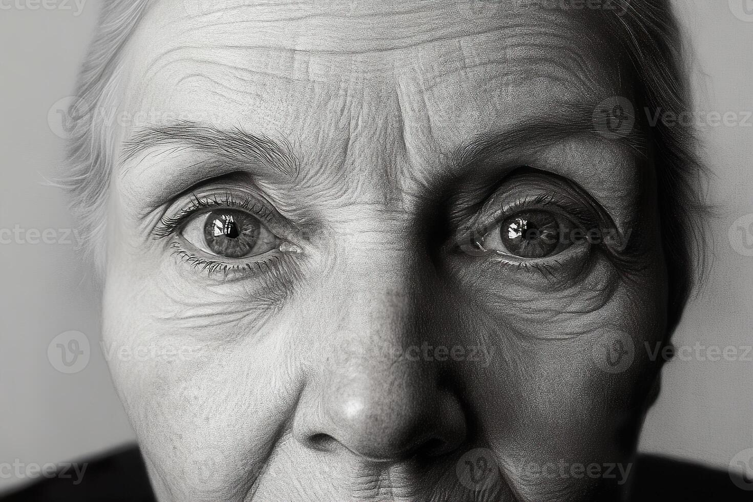 A finely detailed charcoal portrait of an older woman focusing on her face. Lines and wrinkles emphasize age and experience. Her eyes seem to look straight ahead with wisdom photo
