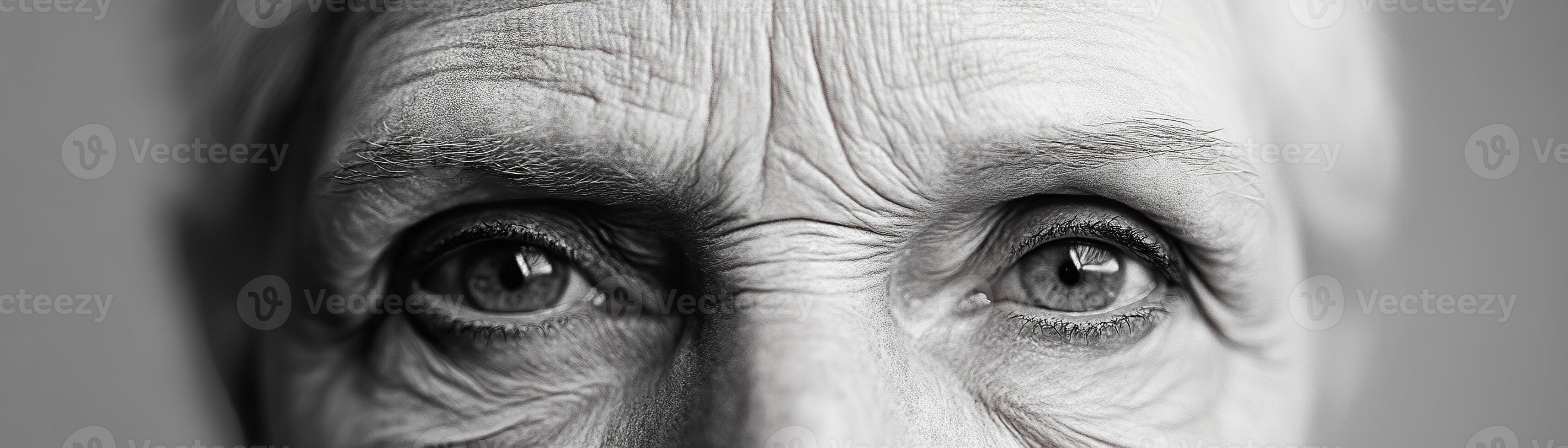 A highly detailed charcoal sketch focuses on an elderly woman's face, her wrinkles and eyes telling a story of resilience and wisdom. Soft focus enhances the deep emotional realism photo