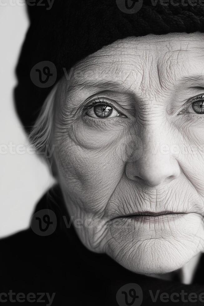Close-up view showing an older woman wearing a dark hat. Every wrinkle tells a story of strength and wisdom, captured through detailed shading and textured strokes photo