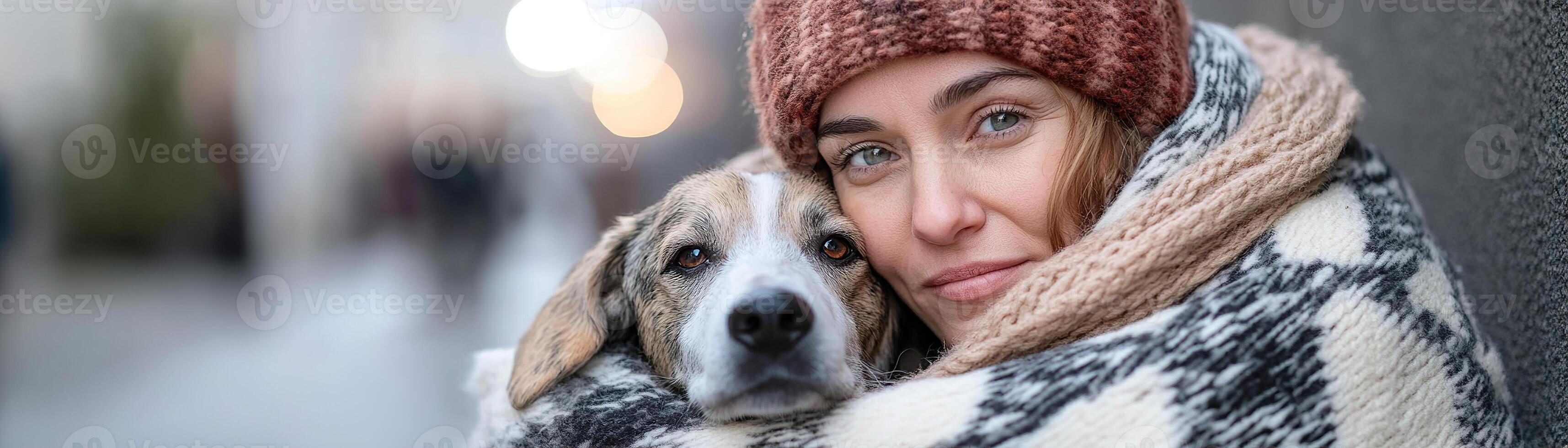 In a soft-focus alleyway, a homeless woman embraces her scruffy dog under a blanket. Wrapped closely, they share a moment of warmth, trust, and quiet companionship photo